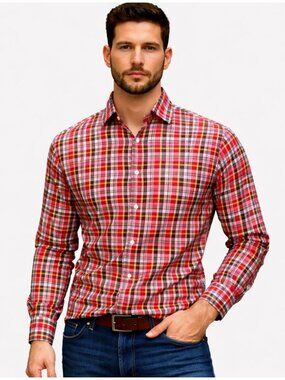 Seize sur Vingt Mens Dress Shirt Red Plaid Cotton Button Down 17 37 XL